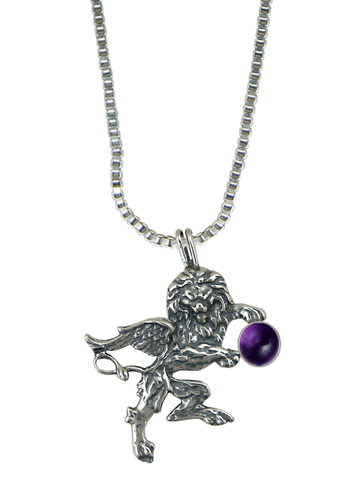Sterling Silver Winged Lion of the Royal Court Pendant With Amethyst